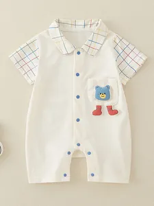Baby Summer Cotton Short Sleeve Romper Class A Soft Breathable Cartoon Bear Grid Pattern Newborn Boys Girls Bodysuit