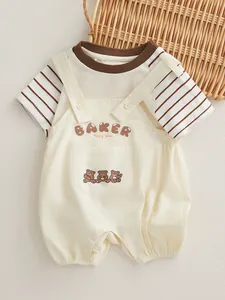 Barboteuse Bébé en Coton Doux Manches Courtes Avec Pantalon À Bretelles Combinaison Rayée Motif Ours Pour Enfant Tenue Été Décontractée