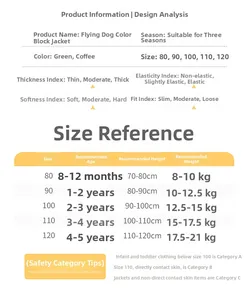 Detailed size chart for kids cartoon puppy jacket including height and weight guides