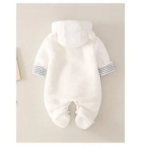 Back view of plush white fleece baby romper with hood ears and ribbed stripe cuffs