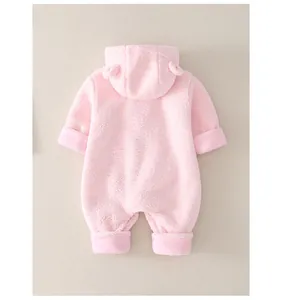 Back view of pink fuzzy hooded baby romper with cute ears for winter warmth