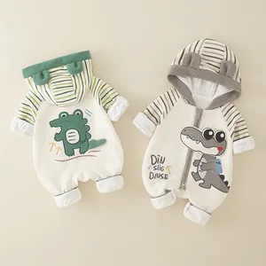 Newborn cartoon crocodile hooded baby rompers in waffle cotton with striped sleeves
