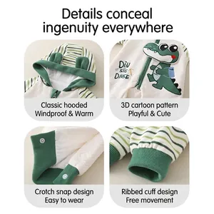 Newborn cartoon crocodile striped romper with windproof hood and soft cotton fabric