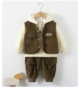 Detail of kids 3-piece set with brown corduroy vest and white hooded sweatshirt