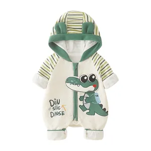 Newborn cartoon crocodile hooded baby romper with waffle texture and warm lining