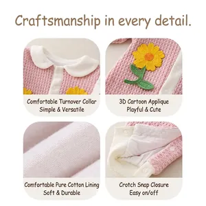 Pink waffle knit baby romper with Peter Pan collar and 3D sunflower embroidery detail