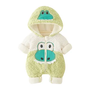 Grenouillère bébé dinosaure vert et blanc en polaire chaude avec capuche mignonne