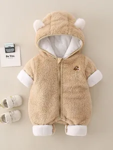 Pagliaccetto Neonato in Pile Con Cappuccio Invernale Caldo Imbottito Con Orecchie da Orso e Ricamo Animale per Bambino e Bambina