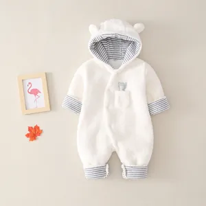 Thick warm hooded baby romper in cream white fleece with cute ears and striped lining
