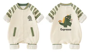 Detailed front and back view of cotton baby romper with dinosaur print and striped sleeves