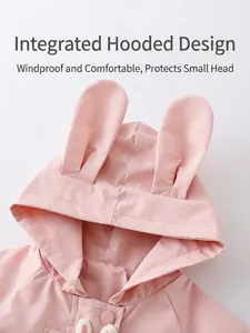 Pink hooded windbreaker for girls with cute 3D bunny ears and windproof fabric