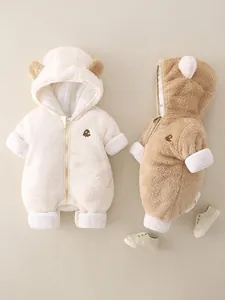Tutina neonato in peluche con orecchie da orso e ricamo in morbido pile