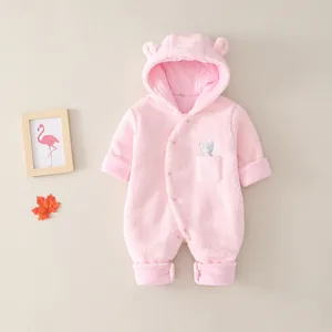 Pink sherpa fleece hooded baby romper with cute ears and cat embroidery for winter