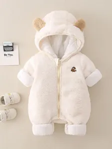 Tuta neonato beige con cappuccio e orecchie da orso in morbido pile per l'inverno