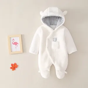Plush white hooded baby romper with cute bear embroidery and footed design for winter