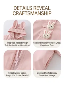 Pink girl's hooded windbreaker featuring cute rabbit ears and decorative cartoon buttons