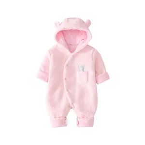 Pink hooded baby onesie with bear embroidery made of warm thick fleece fabric