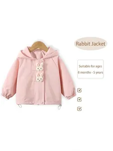 Pink hooded windbreaker for girls with cute 3D bunny details, ages 8 months to 5 years