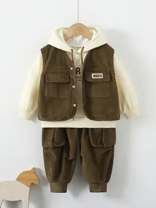 Kids Casual Workwear Corduroy Three Piece Set Hoodie Vest And Cargo Pants For Boys Spring Autumn Cotton Clothes Outfits