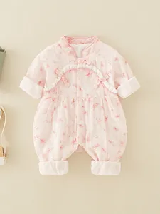 Barboteuse pour Bébé Fille Style Chinois Floral Traditionnel Tang Suit Hanfu Manches Longues Body Une Pièce Vêtements Printemps Automne Avec Boutons Grenouille
