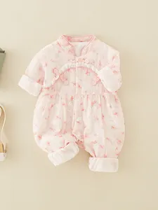Barboteuse bébé à manches longues avec fleurs, col chinois et dentelle fine