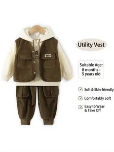 Toddler boy three-piece cargo outfit with brown vest, hoodie and jogger pants