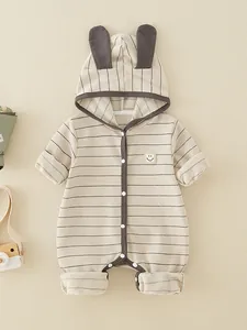 Infant Baby Cotton Striped Hooded Romper With Bunny Ears Long Sleeve Smile Patch Jumpsuit Spring Autumn Toddler Clothing
