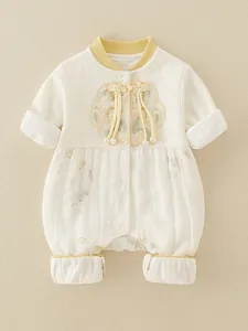 Chinese Style Baby Girl Romper Long Sleeve Embroidery Floral Jumpsuit With Frog Button Artificial Pearl Decor Newborn Autumn Outfit