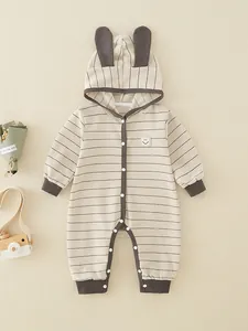 Striped baby hooded romper with cute long rabbit ears and convenient snap buttons