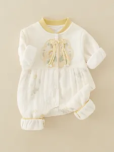 Newborn baby girl romper with traditional Chinese embroidery and pearl tassel detail