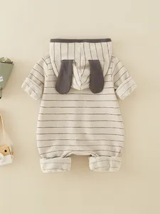 Infant striped cotton romper with cute rabbit ear hood and soft knitted fabric texture