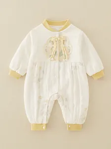 Traditional Chinese style newborn baby girl romper with floral embroidery and pearls
