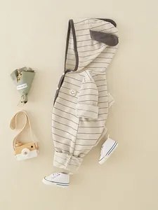Striped baby hooded romper in soft organic cotton with cute animal ears and smiling face