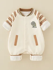 Infant cotton romper with cartoon dinosaur embroidery and brown striped sleeves