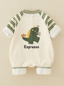 Baby cotton waffle knit romper with cartoon dinosaur print and striped long sleeves