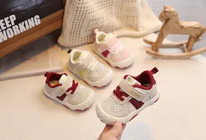 Detail view of breathable mesh toddler shoes with anti-collision toe and velcro closure