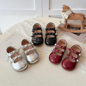 Boucles d'Oreilles Mary Jane pour Filles en Cuir Verni Double Nœud Chaussures de Princesse Avec Perles pour Mariage Fête