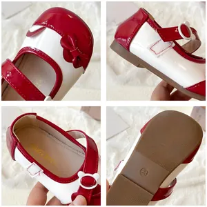 Chaussures Mary Jane en cuir verni rouge et blanc pour filles avec nœud et boucle ours