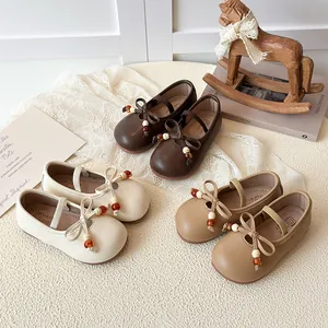Girls Bowknot Mary Jane Shoes Vintage Beaded Princess Flat Shoes For Toddler Little Kids Khaki Beige Brown PU Leather