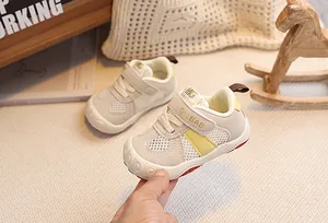 Detail of breathable mesh toddler shoes with anti-collision toe and velcro closure