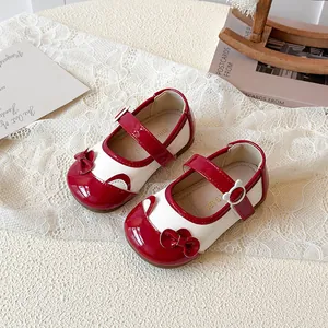Chaussures Mary Jane pour filles rouge et blanc avec nœud et bride réglable