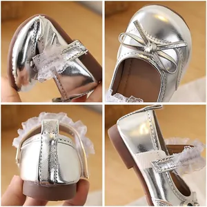 Silver Mary Jane shoes for girls with glitter bow and white lace trim detail
