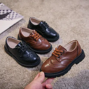 Kids British Style Brogue Leather Shoes Vintage Wingtip Lace Up Oxford Shoes For Boys Girls Performance School Uniform Shoes