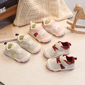 Breathable mesh toddlers sneakers with velcro straps in pink, grey and burgundy