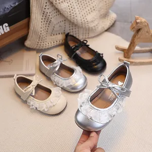 Mädchen Mary Jane Prinzessin Schuhe Mit Spitze Schleife Weiche Sohle PU Leder Kleinkind Baby Flache Schuhe Für Hochzeit