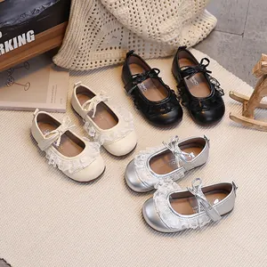 Baby Mädchen Prinzessinnen Schuhe mit Spitze und Schleife in Schwarz Beige und Silber