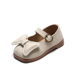Beige Mädchen Mary Jane Schuhe mit großer Schleife und Klettverschluss im Retro-Stil