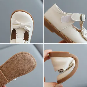Chaussures Mary Jane crème pour filles avec nœud et semelles souples antidérapantes
