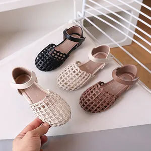 Vintage Woven Girls Sandals Summer Hollow Out Princess Shoes For Toddler Little Kids Soft Sole Velcro Closed Toe Casual