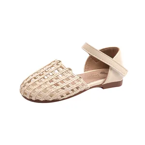 Girls' retro beige woven sandals with breathable cutout design and velcro strap